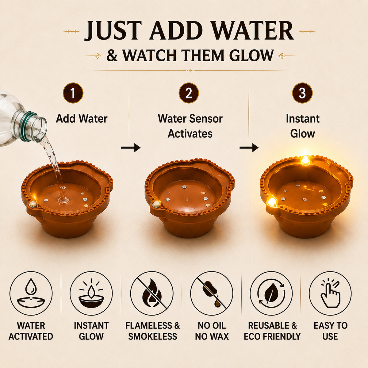 Magic Water Sensor LED Diyas Flameless & Smokeless