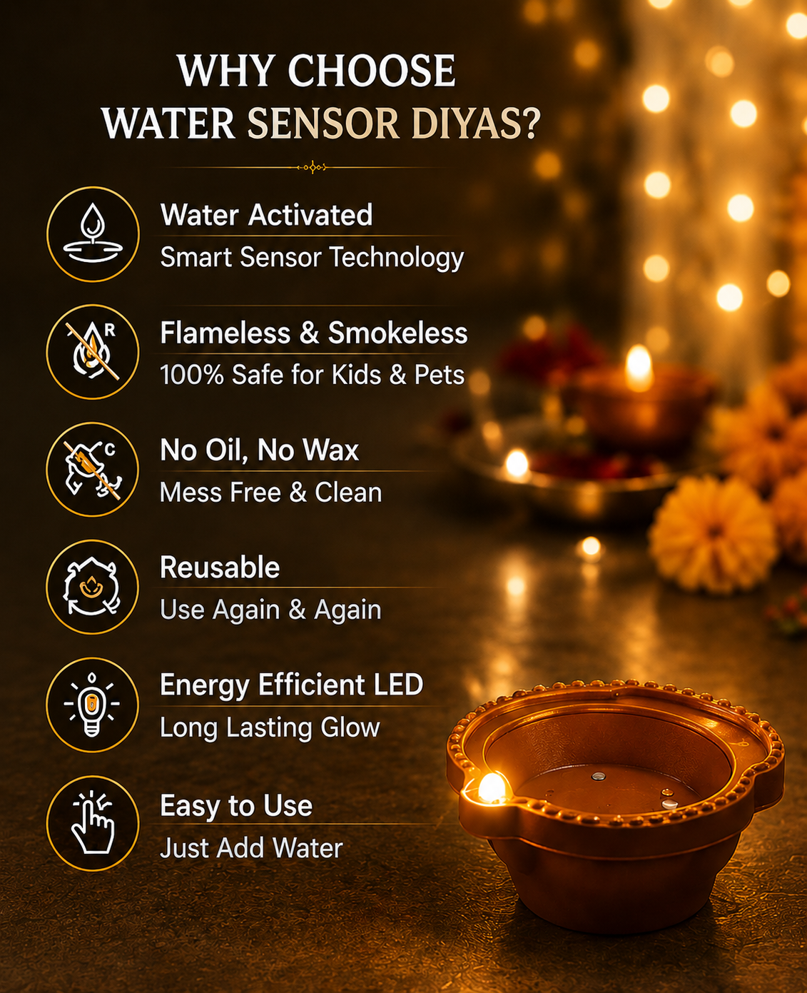 Magic Water Sensor LED Diyas Flameless & Smokeless